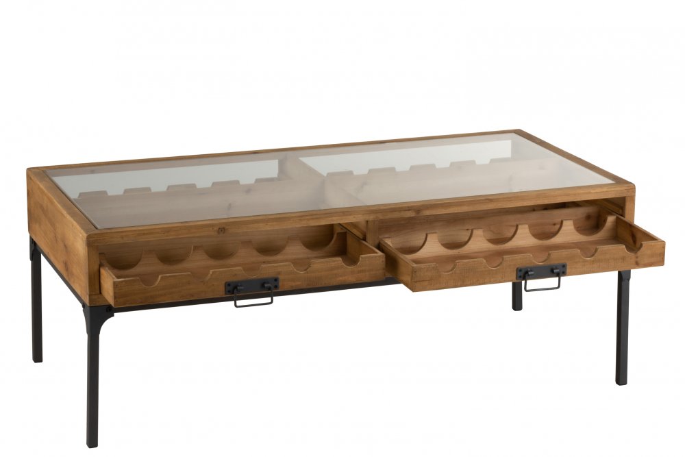 Table basse 2 tiroirs pour bouteilles FAKY métal noir et bois naturel.